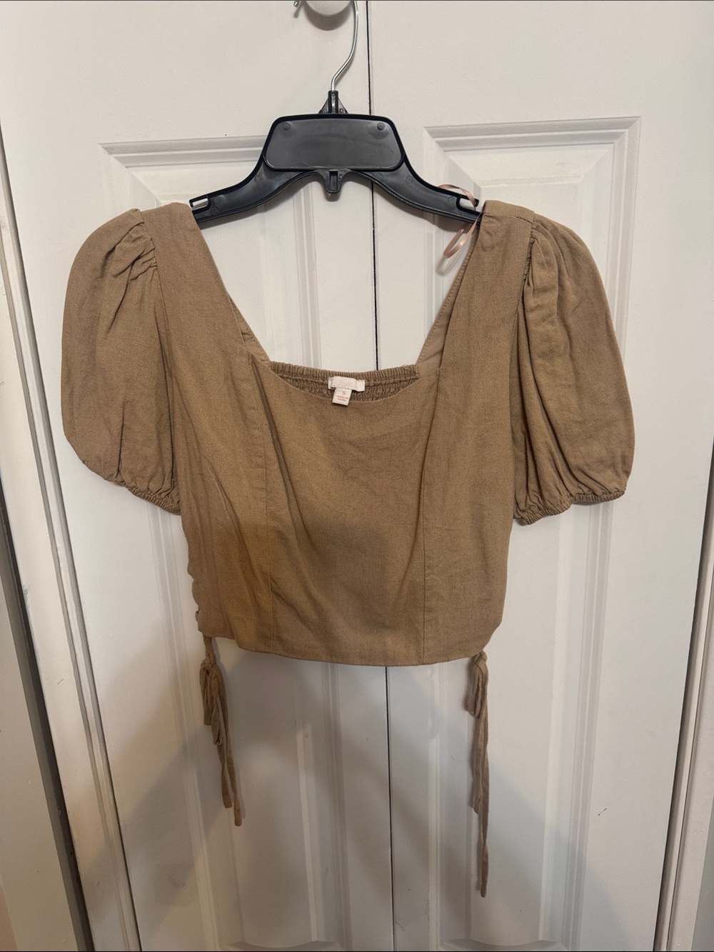 GB girls Tan Puff Sleeve Square-Neck Crop Top with Side Ties